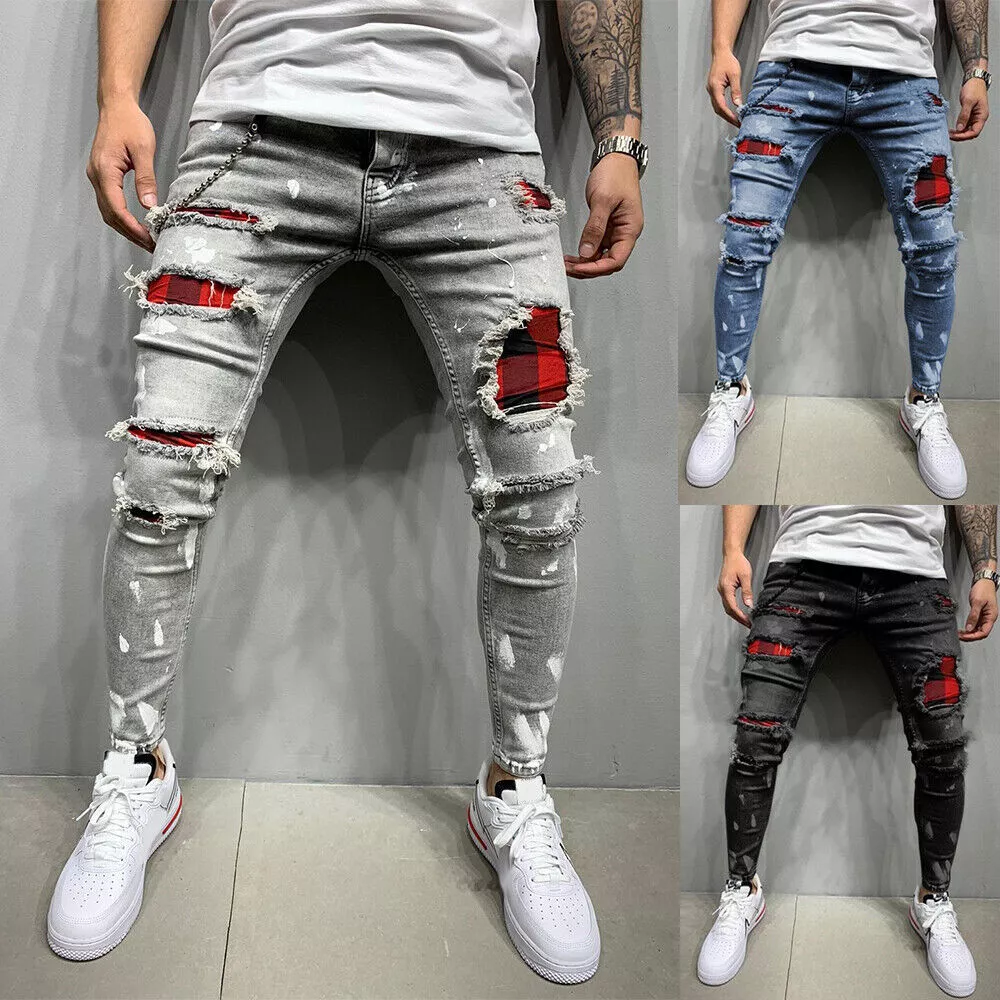 2023 Men Stylish Ripped Jeans Pants Slim Straight Frayed Denim