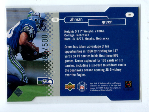 1998 SP Authentics Die-Cut #27 Ahman Green/500 Nebraska / Seattle Seahawks - Foto 2 di 2