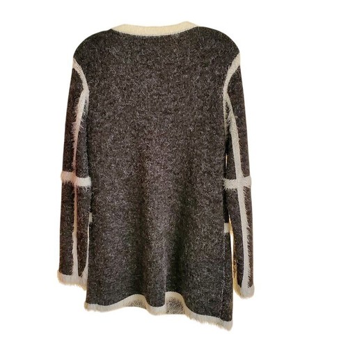 Nicole Sabbatini Fuzzy Grid Cardigan Jacket Size L Textured Black White Partial - Picture 3 of 3