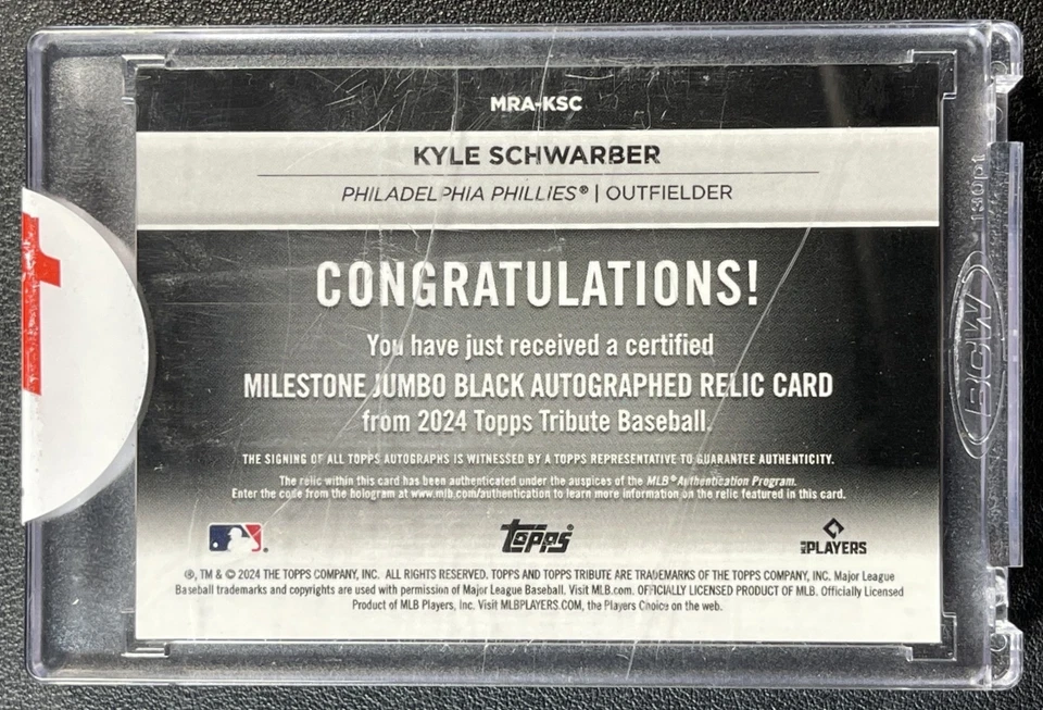 KYLE SCHWARBER 2024 TOPPS TRIBUTE MILESTONE JUMBO BLACK RELIC HR DERBY AUTO 1/1 - Image 2 of 2