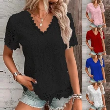 Casual Ladies T-Shirt Women Floral Loose V-Neck Short Blouse US Tops Sleeve Lace