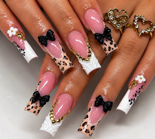 Long Coffin Press-On Nails Pink White Black Gold 3D Animal Theme Full Cover