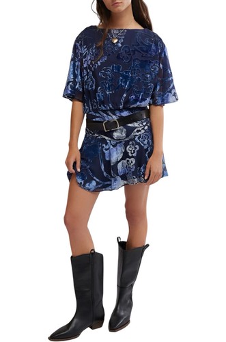 Free People Size XS Manuka Velvet Burnout Swingy Mini Dress In Navy Blue NWoT