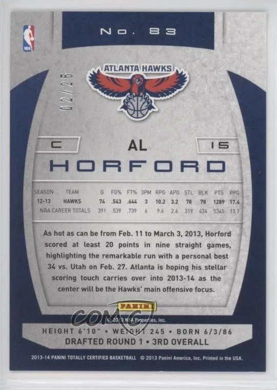 2013-14 Totally Certified Totally Gold /25 Al Horford #83 - Image 2 of 2