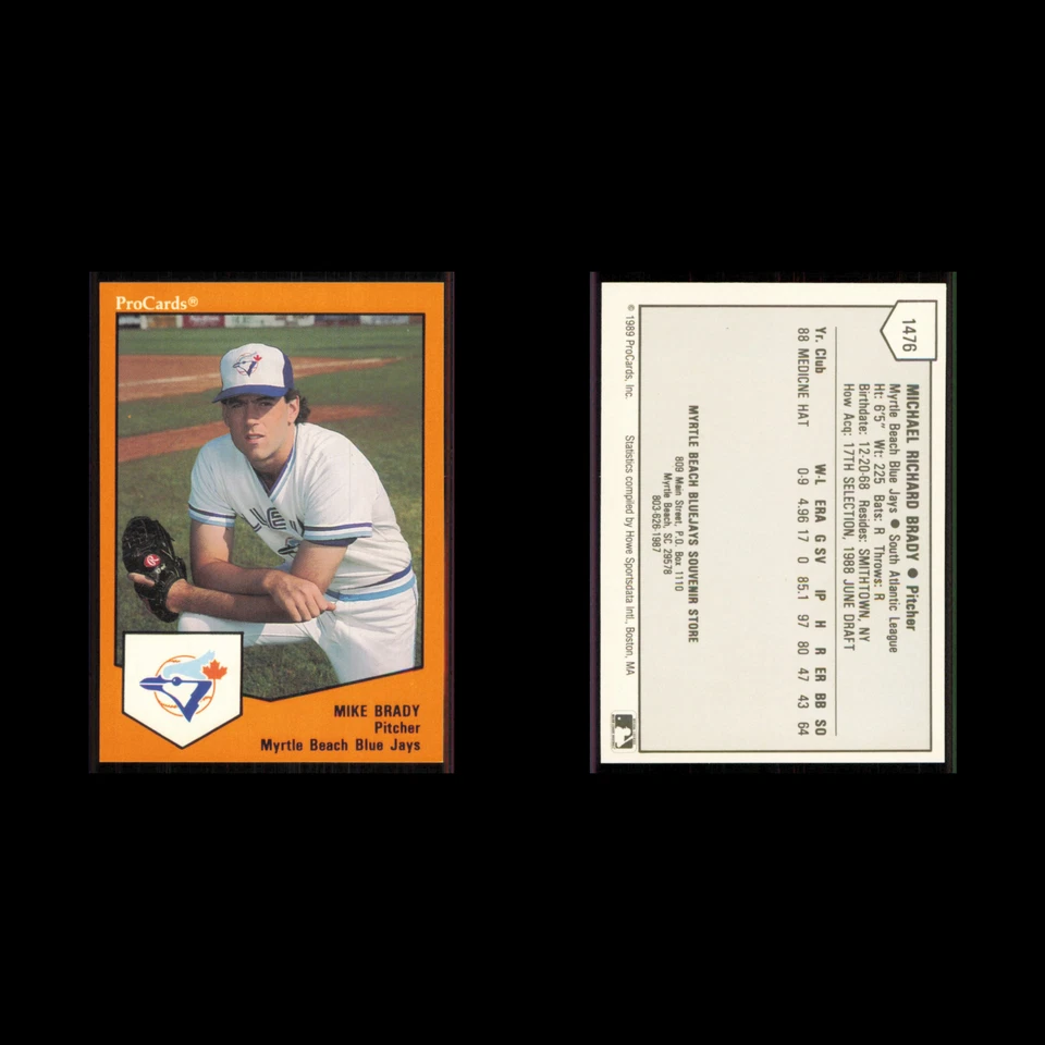 Mike Brady #1476 1989 ProCards conjuntos de equipos de ligas menores Myrtle Beach Blue Jays MLB Foto 3 de 3