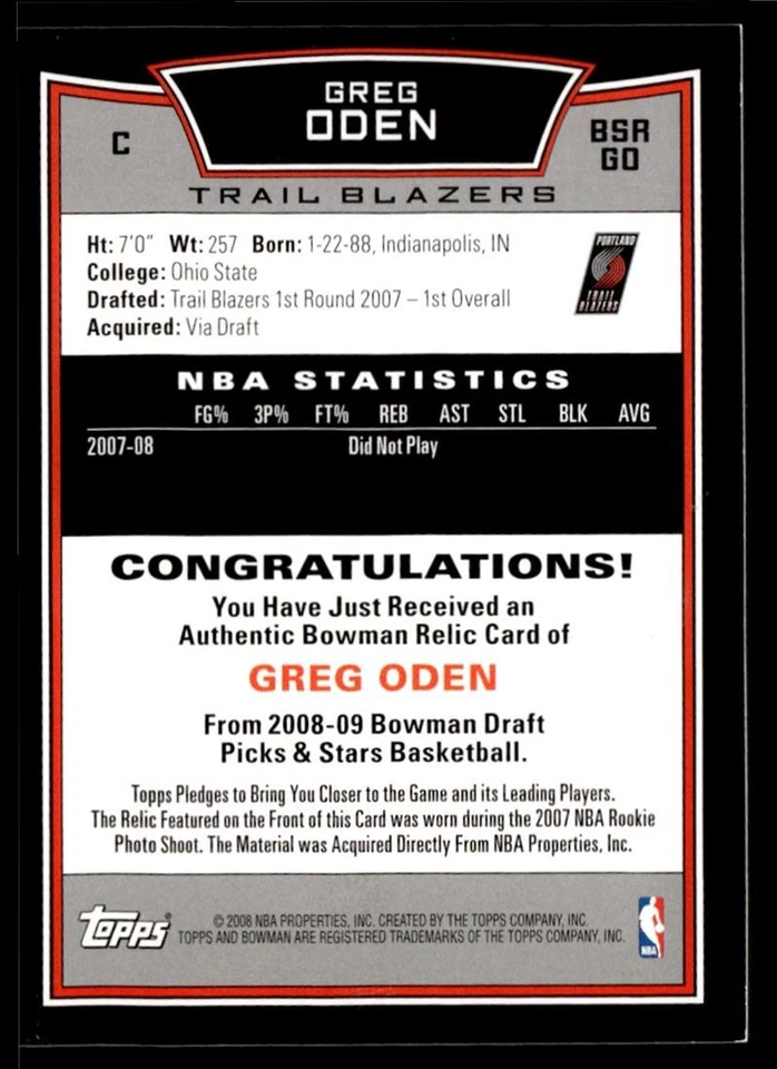 2008-09 Bowman Retail Relics Greg Oden novato Portland Trail Blazers #BSRGO Foto 2 de 2