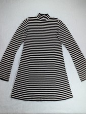 Express Size L Black & White Striped Knit Mock Neck Long Bell Sleeve Mini Dress