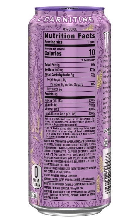 Monster Energy, Ultra Wild Passion, bebida energética Zero Sugar, 16 fl. oz, paquete de 12 Foto 2 de 3
