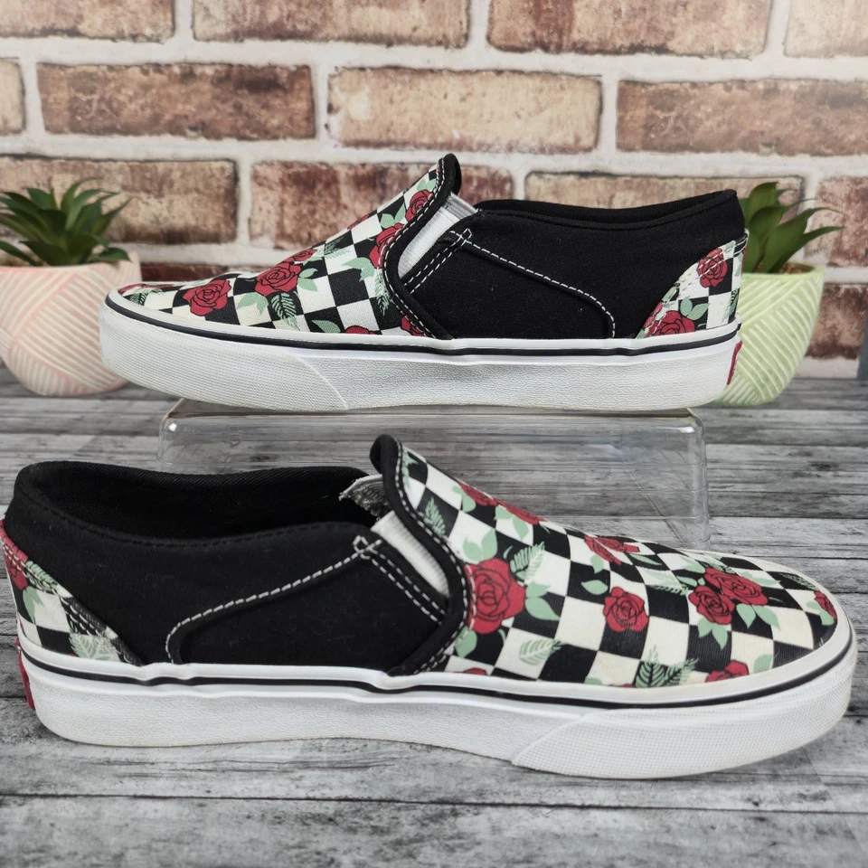 Vans Women's Asher Off the Wall Slip On Shoes Black & White Checkerboard w/Roses - Image 2 of 4