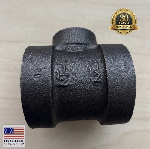 Black Malleable Iron Reducing Tee 1-1/2" x 1-1/2" x 3/4" Threaded Pipe Fitting