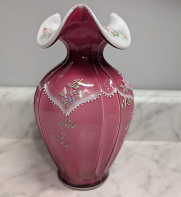 Fenton Wild Rose Overlay Hand Painted Aurora Vase Special Order LE 1995 115/890