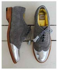 Handmade Women's Gray Leather  Suede Oxford Wingtip Brogue Lace Up Dress Shoes