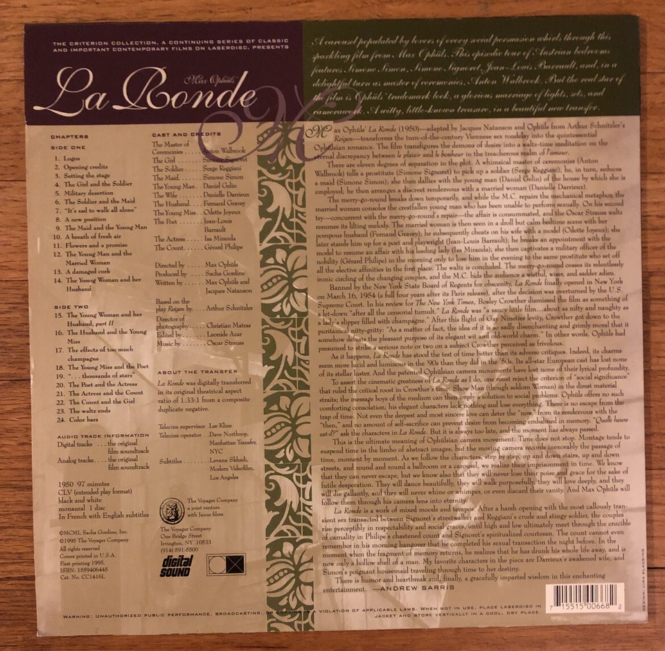 La RONDE (1950) Laserdisc Criterion Collection 264 Max Olphus French w Eng Subs - Image 2 of 2