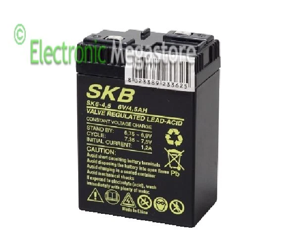 BATTERIA ERMETICA PIOMBO RICARICABILE SKB 4,5 A 6 V LAMPADA EMERGENZA UPS