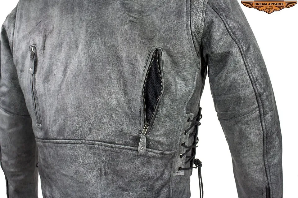 Chaqueta de cuero gris envejecido para hombre motociclista corredor bolsillos ocultos Foto 2 de 4