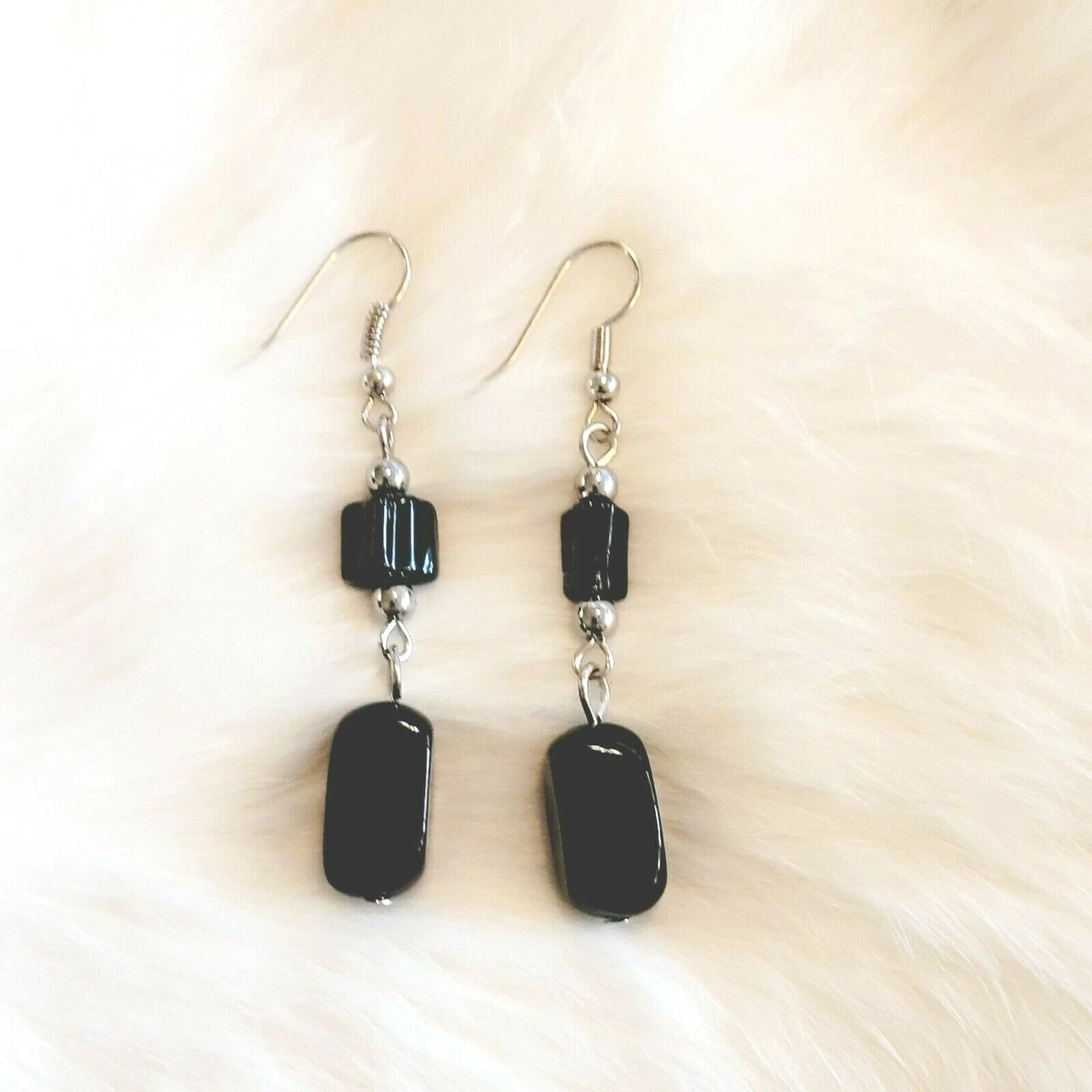 Natural Polished Black Stone Dangle Earrings Pierced Silver Tone