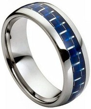 8mm Tungsten Carbide High polish With Blue Carbon fiber Inlay Wedding Band Ring