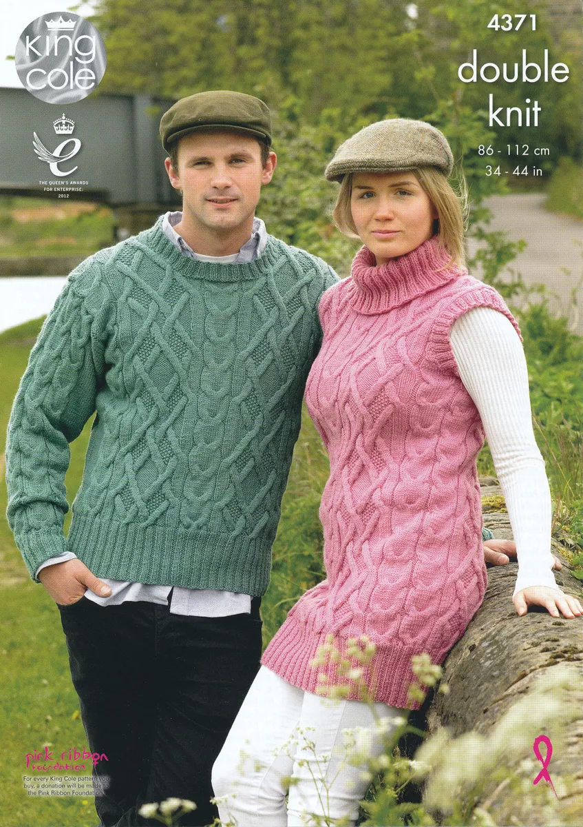 Womens Mens Cable Knit Sweater Tunic Double Knitting Pattern DK