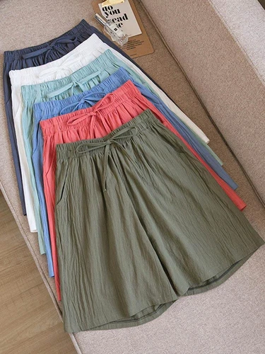 Bermudas informales de verano para mujer de algodón cintura elástica cordón hasta la rodilla - Imagen 2 de 36