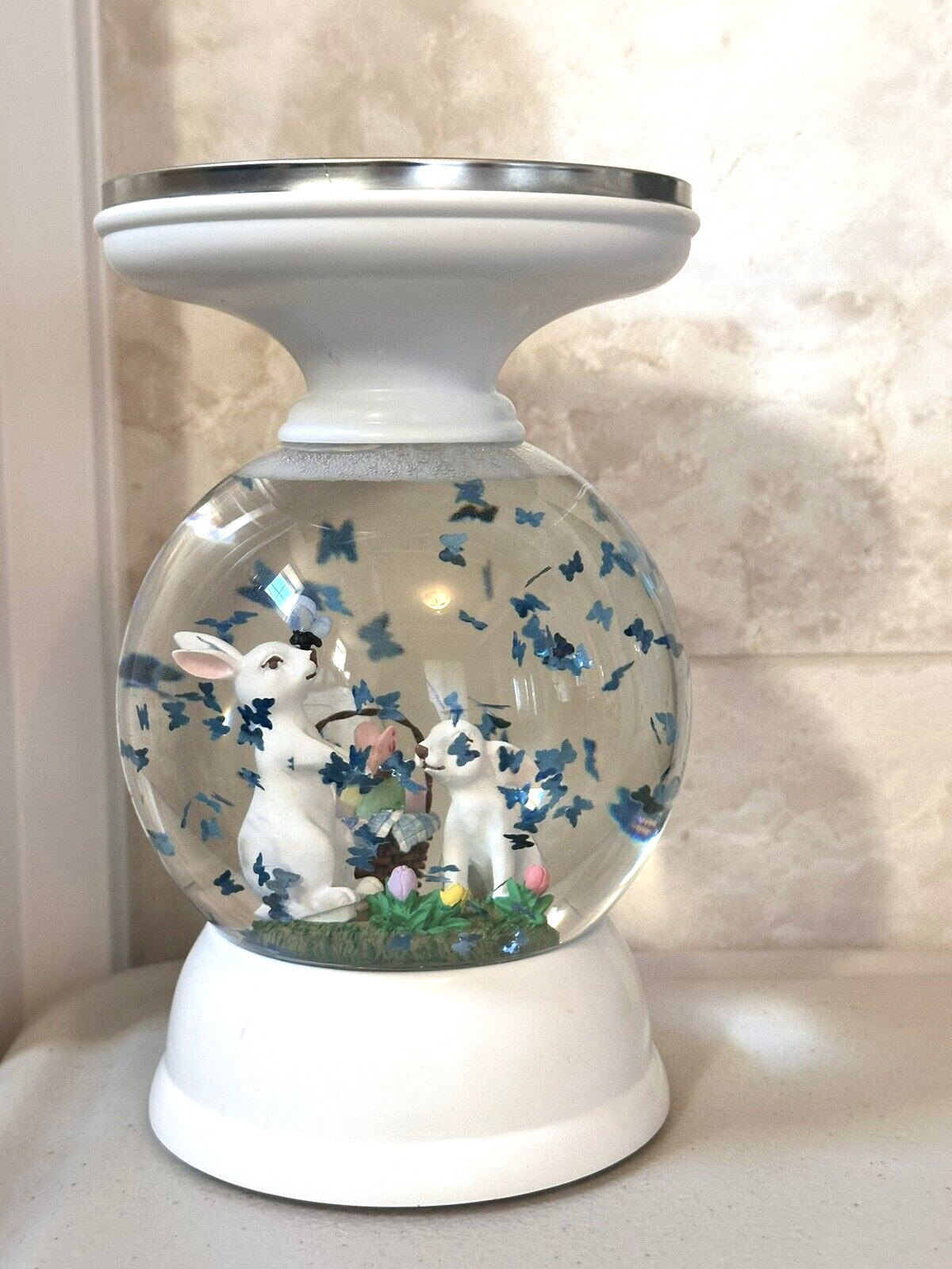 Bath & Body Works Easter Bunny Rabbit Water Globe Pedestal 3-Wick Candle Holder