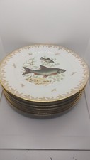Vintage French Porcelain 7 fish plate lot Signed Imperial Ets Chadelaud gold Rim