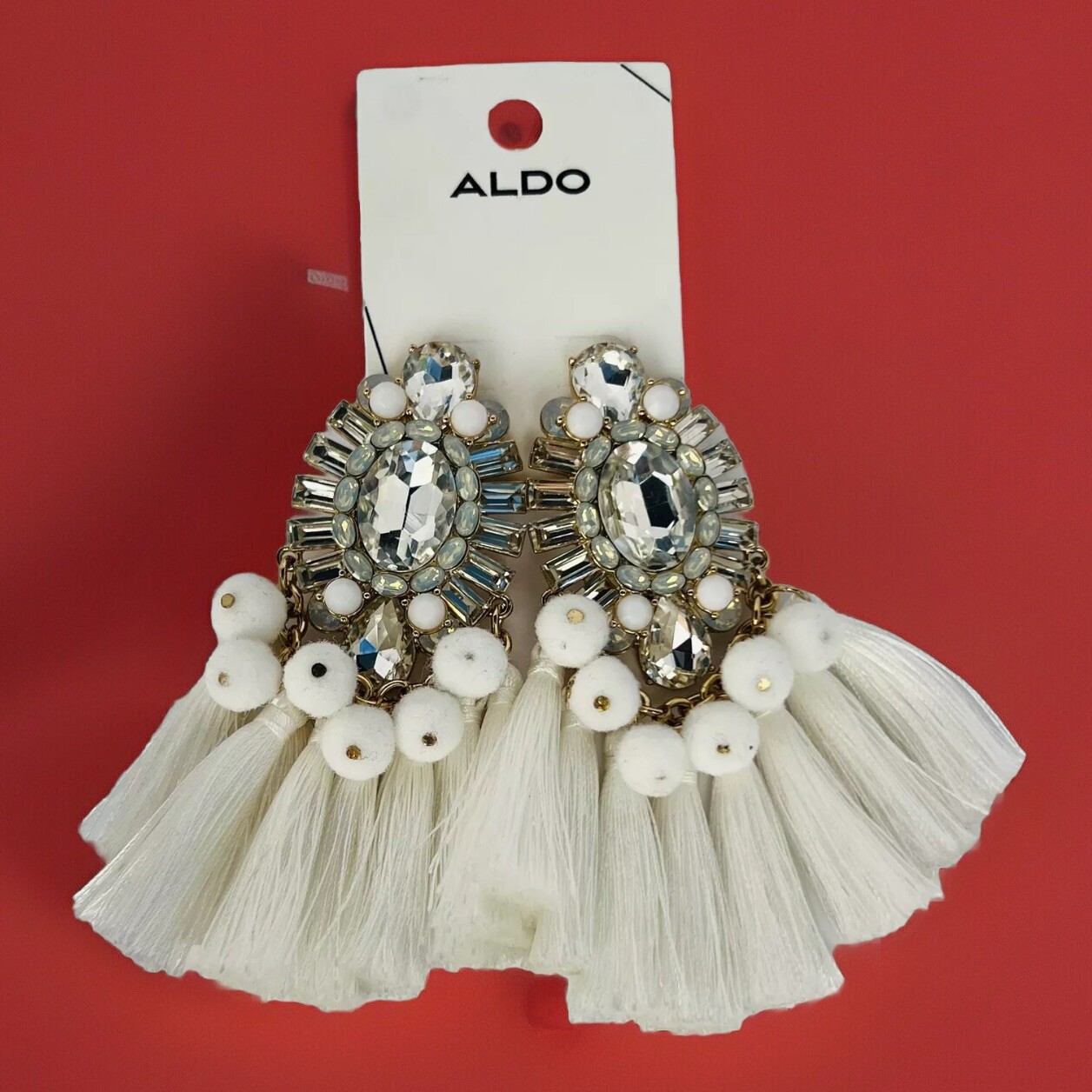 ALDO White Tassels/ Crystal Statement Earrings - Dangle - Pierced Ear - Costume￼