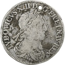 [#136393] France, Louis XIII, 1/4 écu, 2e poinçon de Warin, 1643, Paris, Sil, ve