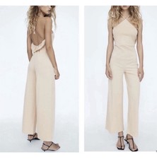 Zara Halter Ruffle Back Wide Leg Jumpsuit Beige Size M Cotton Stretchy NWT