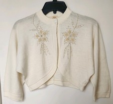 1950s Beige beaded SWEATER Vintage Shrug Bolero DEADSTOCK Size S Orlon