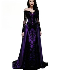 Purple Gothic Wedding Dresses Long Sleeve Black Lace Victorian Medieval Gowns