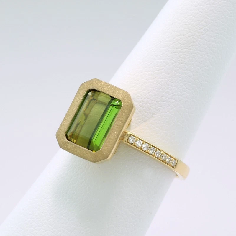 Anillo De Turmalina Verde Verdelith Diamantes 585er Oro Amarillo 14KT,Nuevo - Imagen 3 de 4
