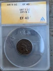1873 Indian Head Cent Open 3 1C Anacs XF40 BN