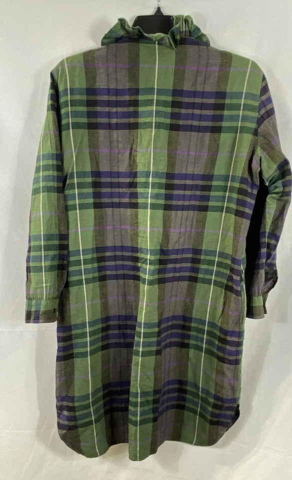 Sandro Robin Green Purple Plaid Ruffle Neck Linen Blend Shirt Dress Women's 2 M - Image 2 of 4