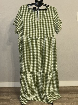 Emery Rose Plus 3XL Green Gingham Tiered Casual Dress Short Sleeve V- Neck Boho