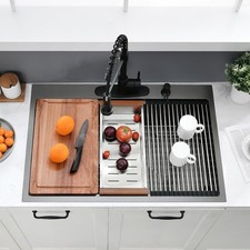 33x19 Drop In Kitchen Sink Black - 16 Gauge Stainless Steel Workstation Sinks...