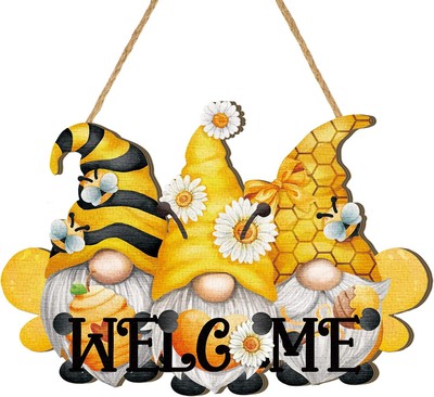 Bee Welcome Wood Door Hanger Wooden Gnome Sign Farmhouse Wall Porch Yellow 
