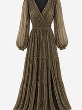 ASTR the Label Gold Metallic Maxi Dress Long Sleeve Wrap V Neck XS