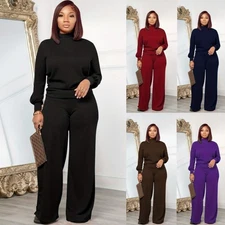 Womens 2Pcs Long Sleeved Semi High Neck Loose Top Wide Leg Pants Lightweight Set