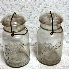 Ball Ideal Clear Quart Mason Jar with Wire Bail and Glass Lid Vgt Pat 1908 -2 Pc