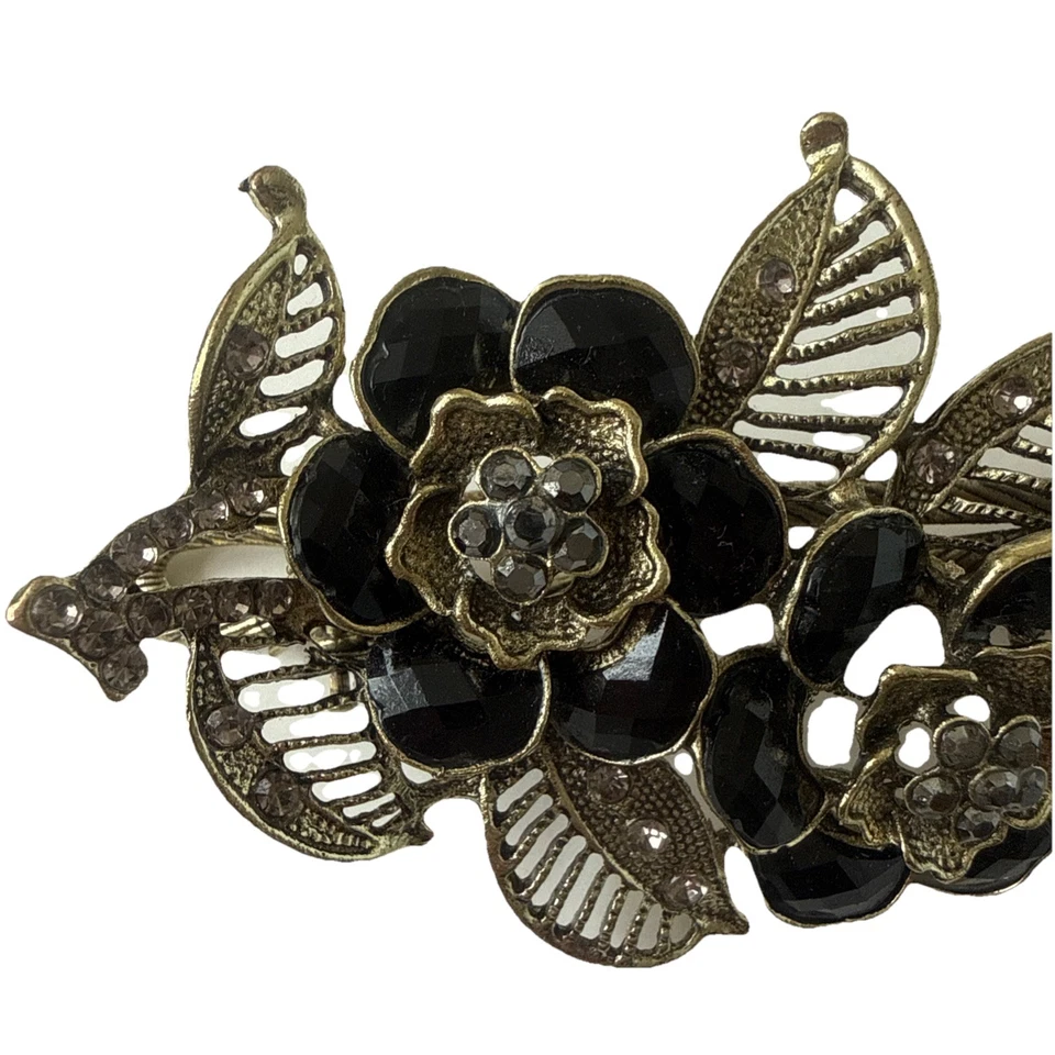 Vintage Gold Tone Hair Clip Rhinestone Black Flower Beak Clip Collectible - Image 2 of 4