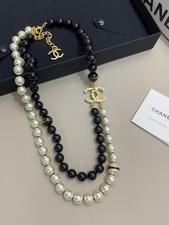 Chanel black and white pearl long necklace, CC logo brass 24C