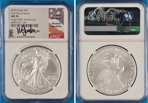 2026 (W) $1 AMERICAN SILVER EAGLE NGC MS70 FDI GAUDIOSO (IN HAND)