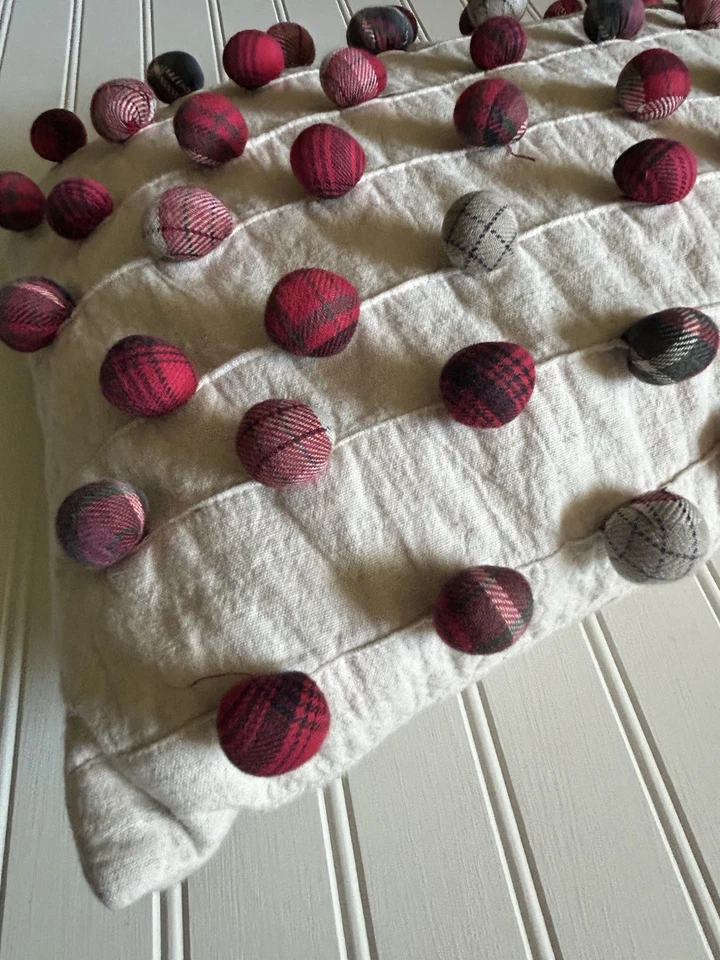 Pottery Barn Christmas Plaid Pom Pom Lumbar Pillow With Feather Insert 12x16 - Image 2 of 4