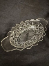 Vintage Pressed Glass Relish Dish 9”x5” Diamond Point Oval Scalloped Rim