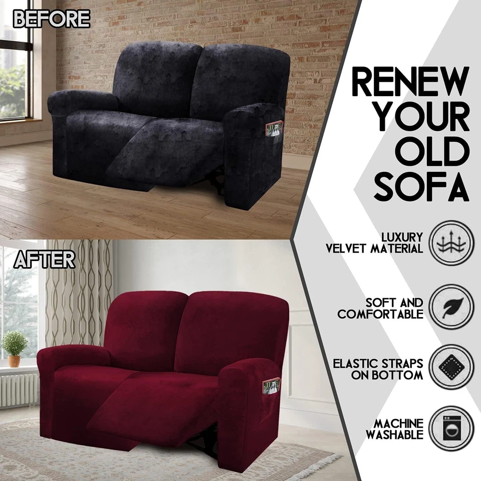 躺椅 Love 座椅套,48 英寸 - 65 英寸 L,6 件天鹅绒弹力双人沙发 R... — 第 4/4 张图片