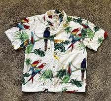 Vintage Paradise Found Shirt Mens Large White Hawaiian Macaw Parrot Bird Print