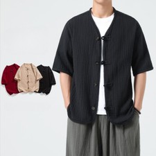 Hommes Chinois Bouton Manches Courtes T-Shirt Traditionnel Tang Suit Été Casual