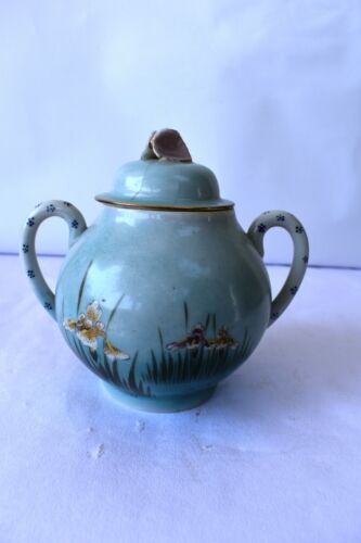 Antique Sugar Pot Glass Floral Hand Painted Multy Color Double Handle With Lid"K - Picture 1 of 10
