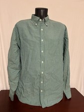 LL Bean Large Mens Green Striped Textured Long Sleeve Button Cotton Shirt