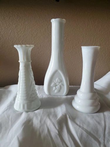 3pc Vintage White Milk Glass Flower Bud Vases 1-9" & 2-6" Randall/Anchor Hocking